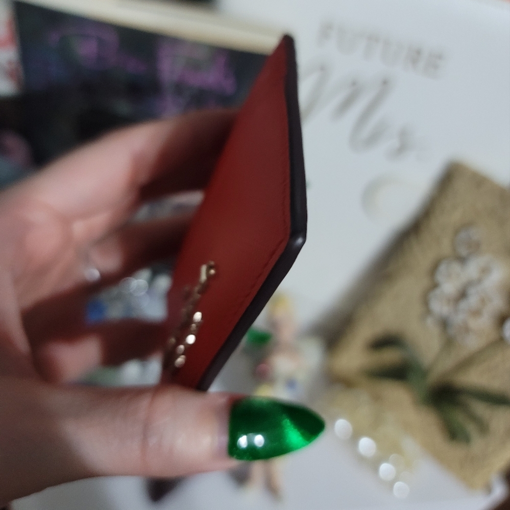 Kate Spade ♠️ Staci Small Slim Card Holder - Bright Melon Red & Silver KSNY Logo - Picture 5 of 11